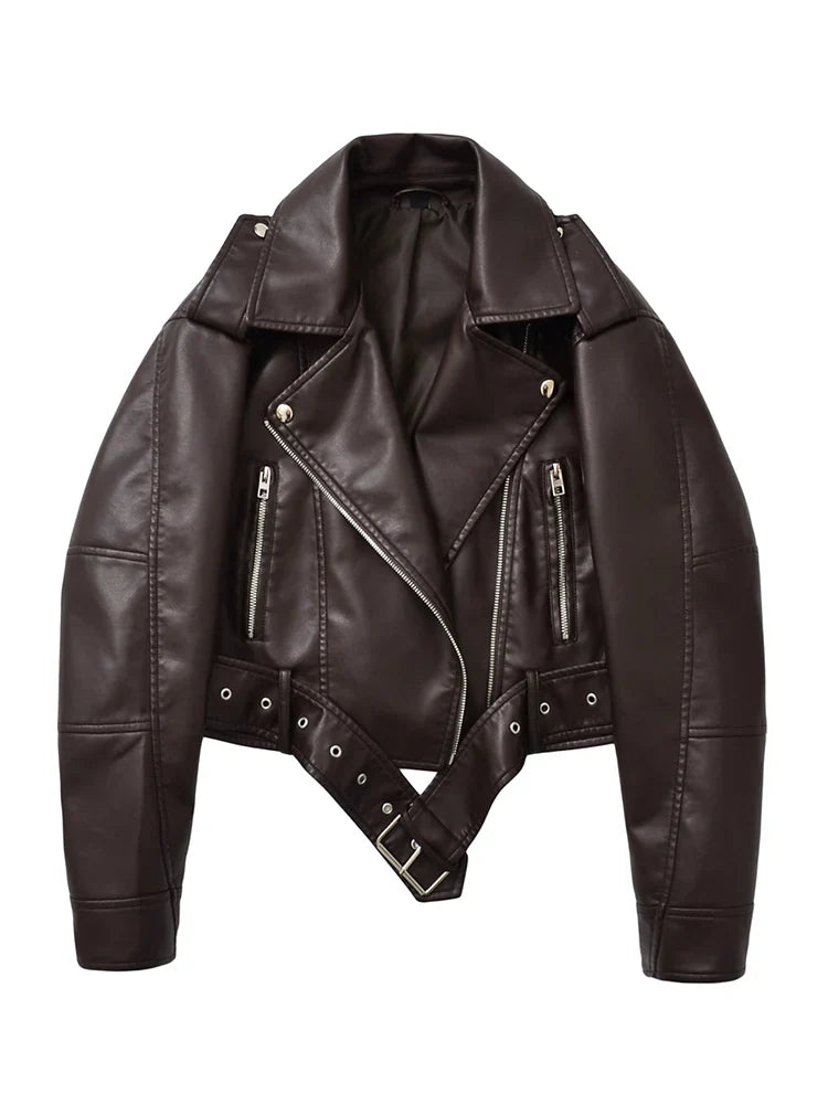 Chaqueta motera vintage de imitación de cuero con cinturón