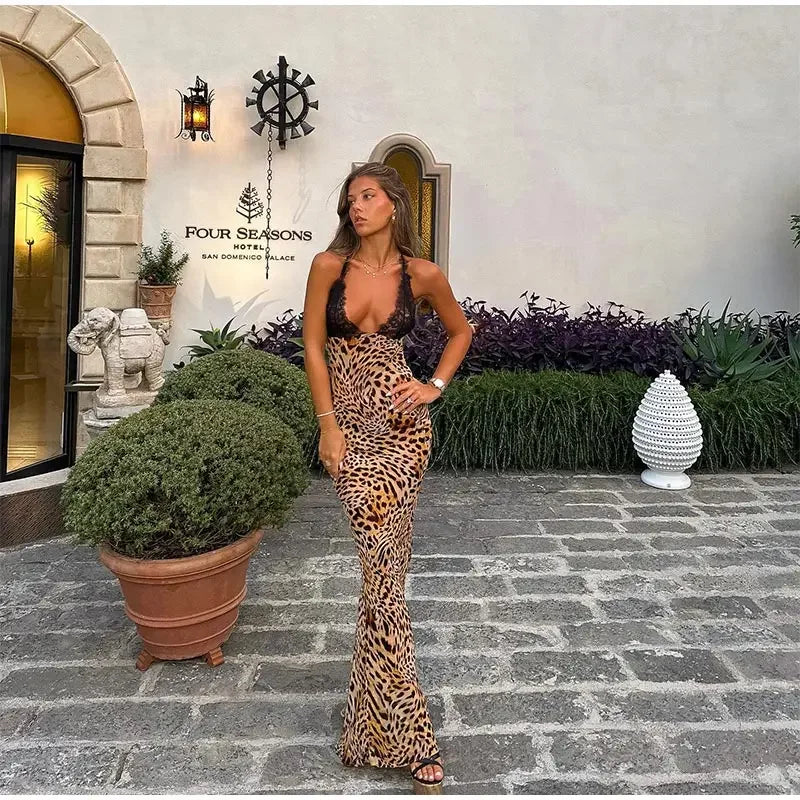 Vestido largo con estampado de leopardo