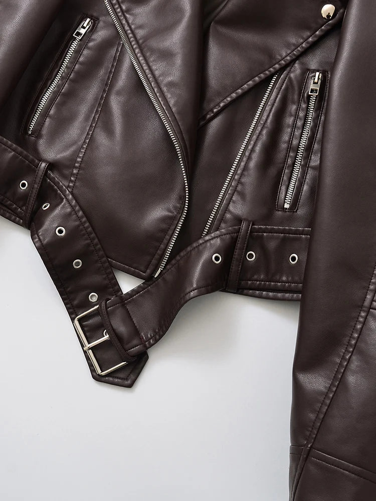 Chaqueta motera vintage de imitación de cuero con cinturón